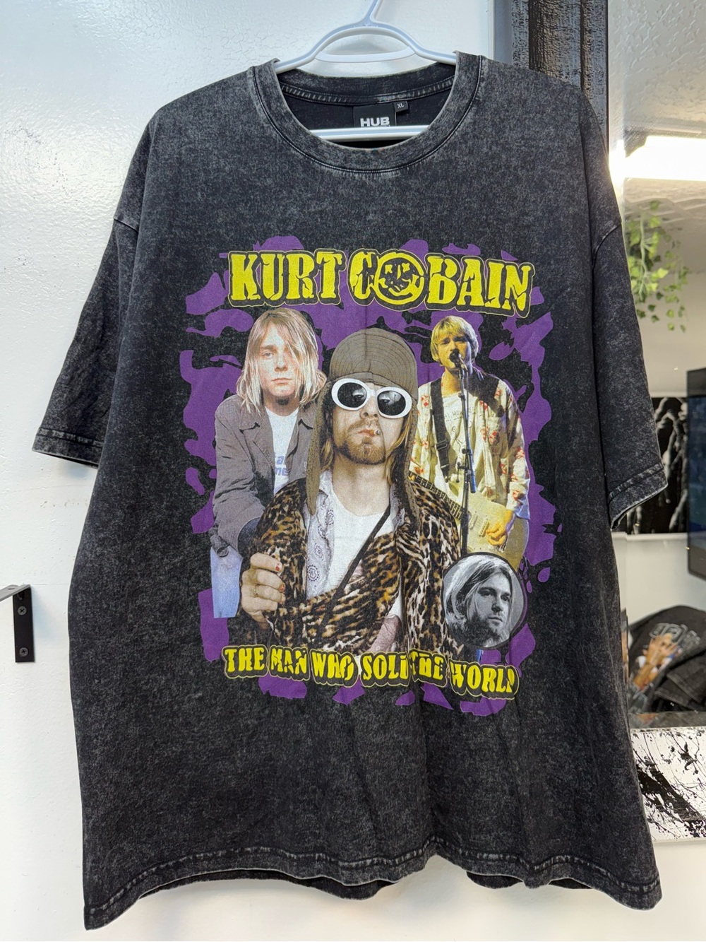 Kurt Cobain rock Acid wash Graphic Tee - Black with Purple & Yellow Print